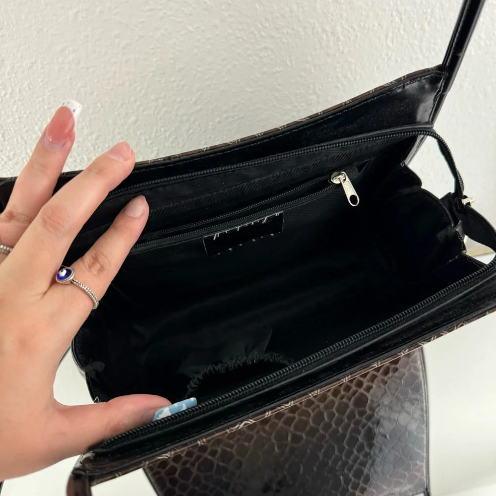 Vintage 90s Black Dark Brown Shiny Faux Leather Croc Embossed Shoulder Bag